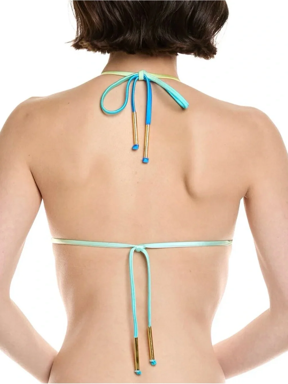 Trina Turk Aqua-to-Teal Gradient Triangle Bikini Top with Yellow Straps